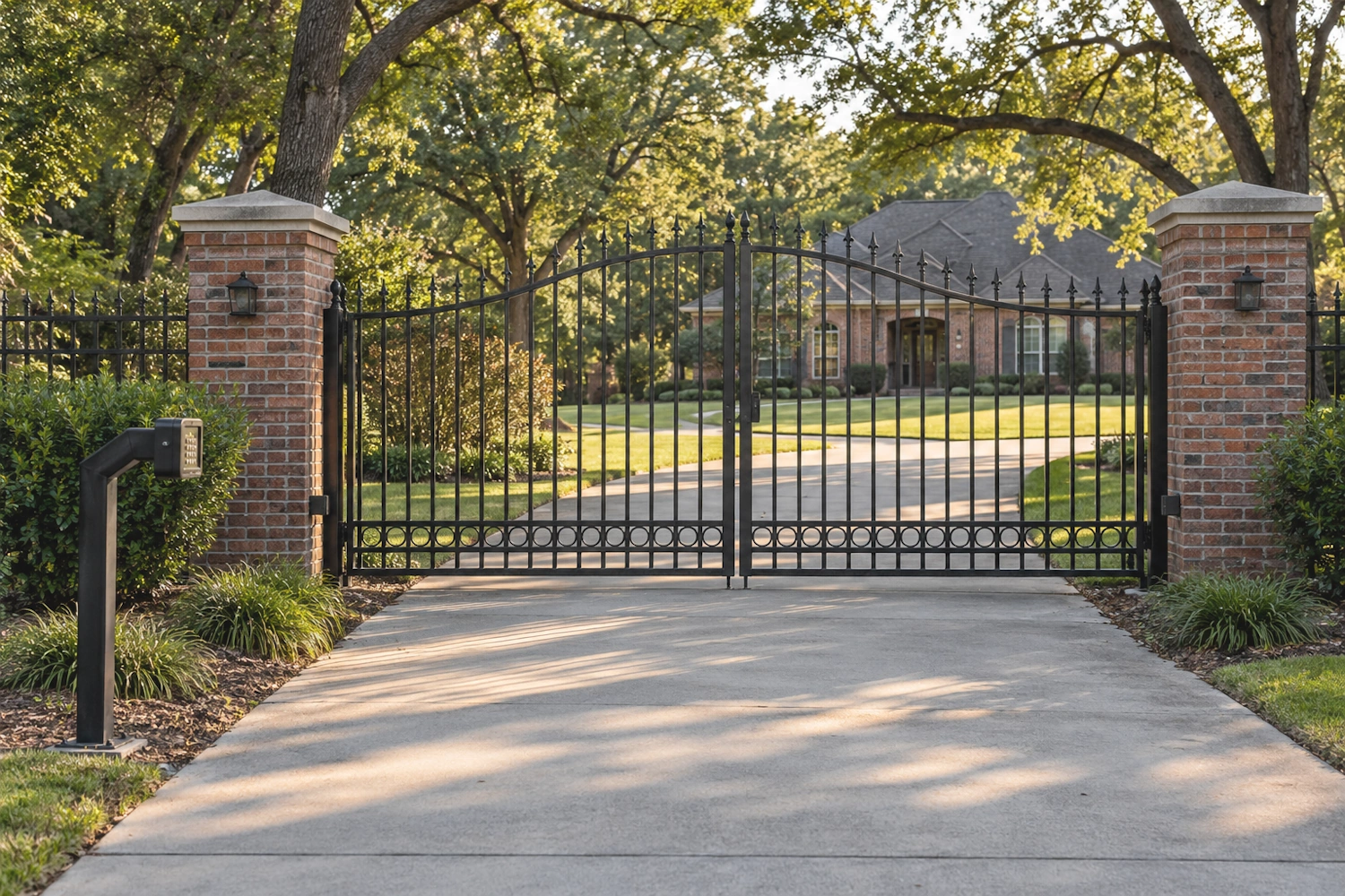 Automated black ornamental iron driveway gate with a keypad entry post at a Tulsa area home