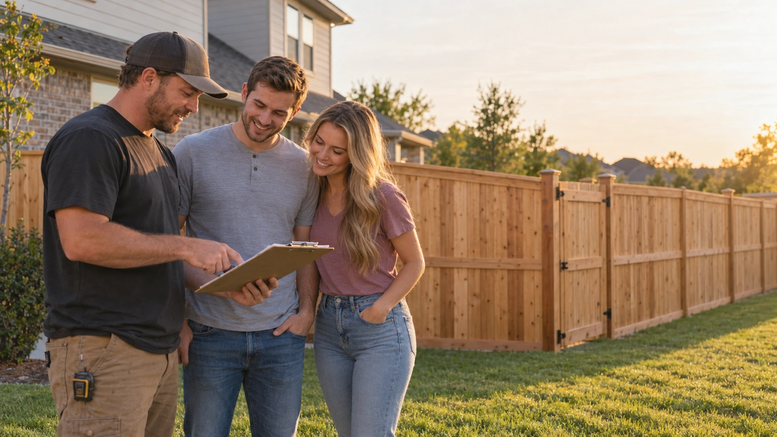 Fence contractor reviewing a written fence cost estimate with homeowners in front of a new cedar privacy fence in Bixby, OK