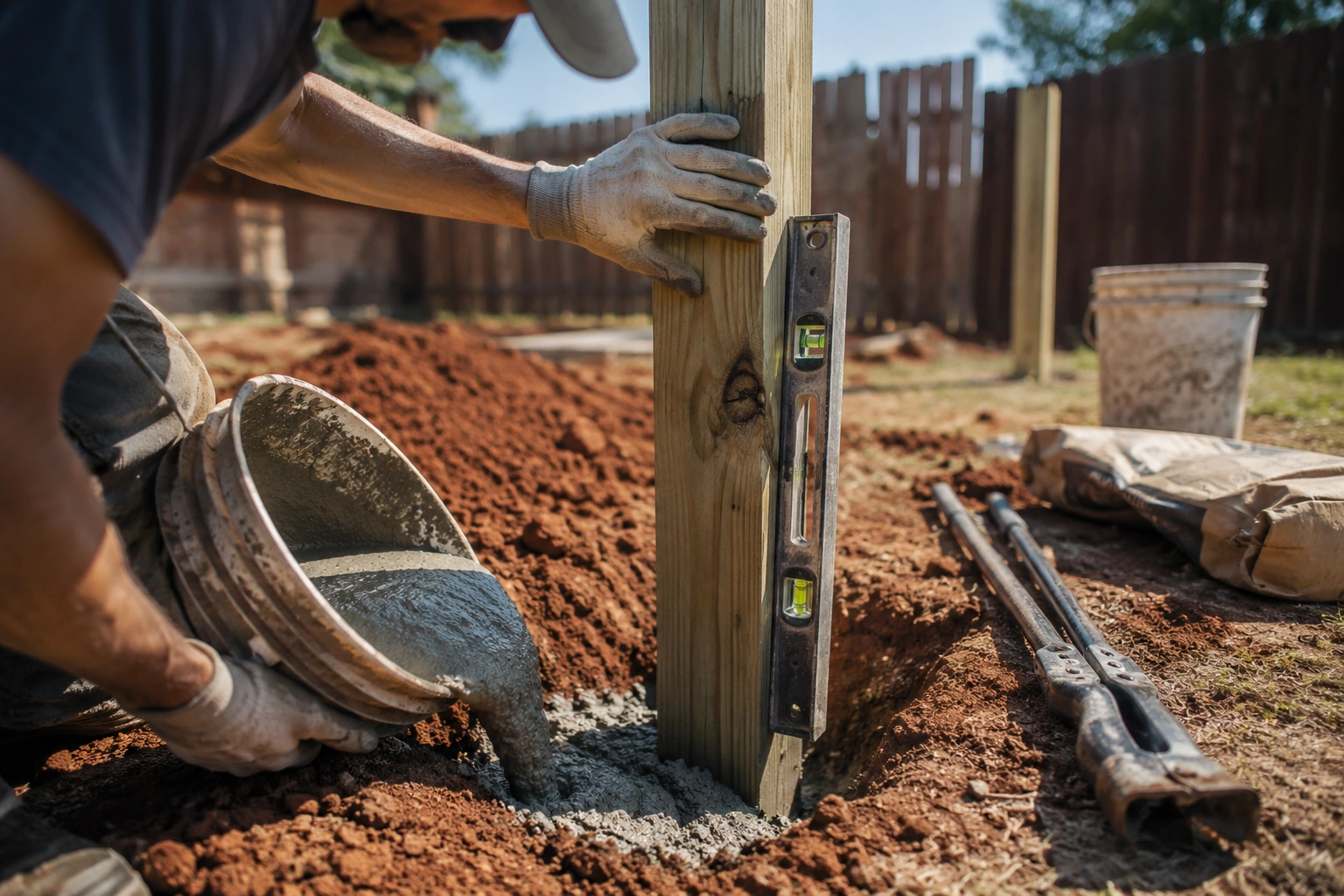 Fence installer resetting and re-concreting a wood fence post in Oklahoma clay soil