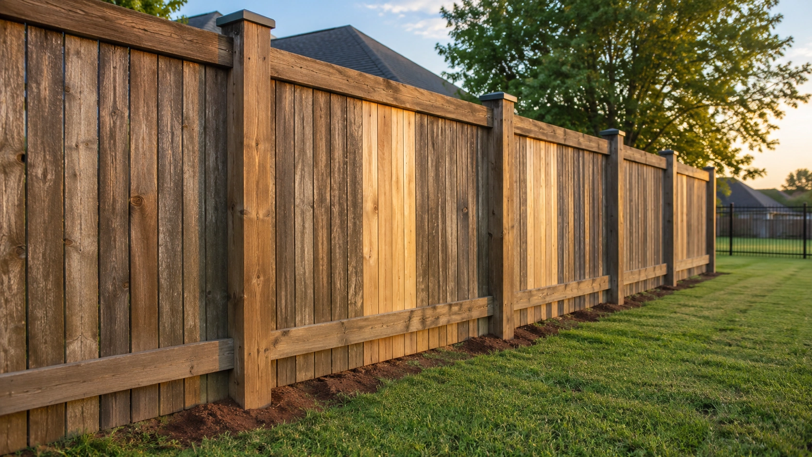 Repaired wood privacy fence with freshly reset posts in a Broken Arrow, OK backyard