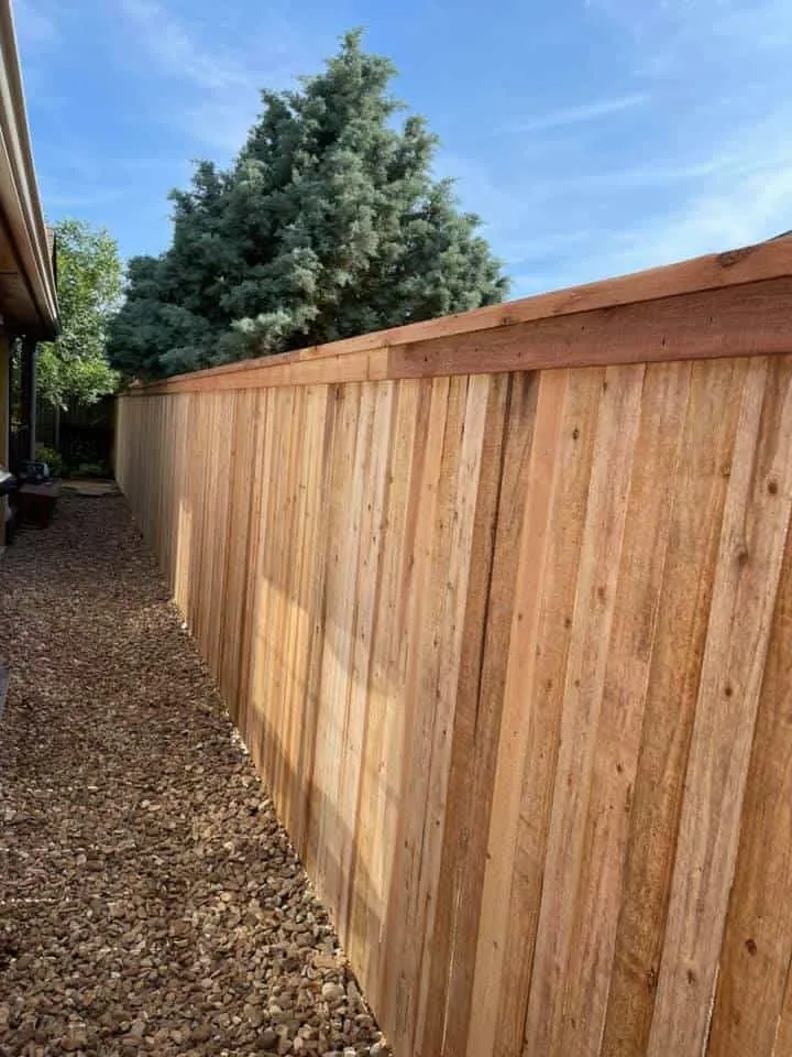 Tall cedar privacy fence with cap rail under a blue sky, a privacy fence Tulsa, OK build