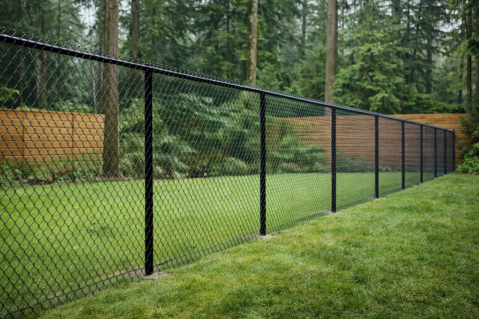 Galvanized chain link dog run along a backyard, a practical fence built in Tulsa, OK