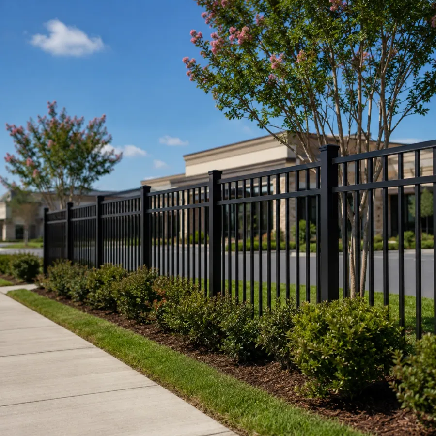 Black ornamental steel fence securing a commercial property in Tulsa, OK
