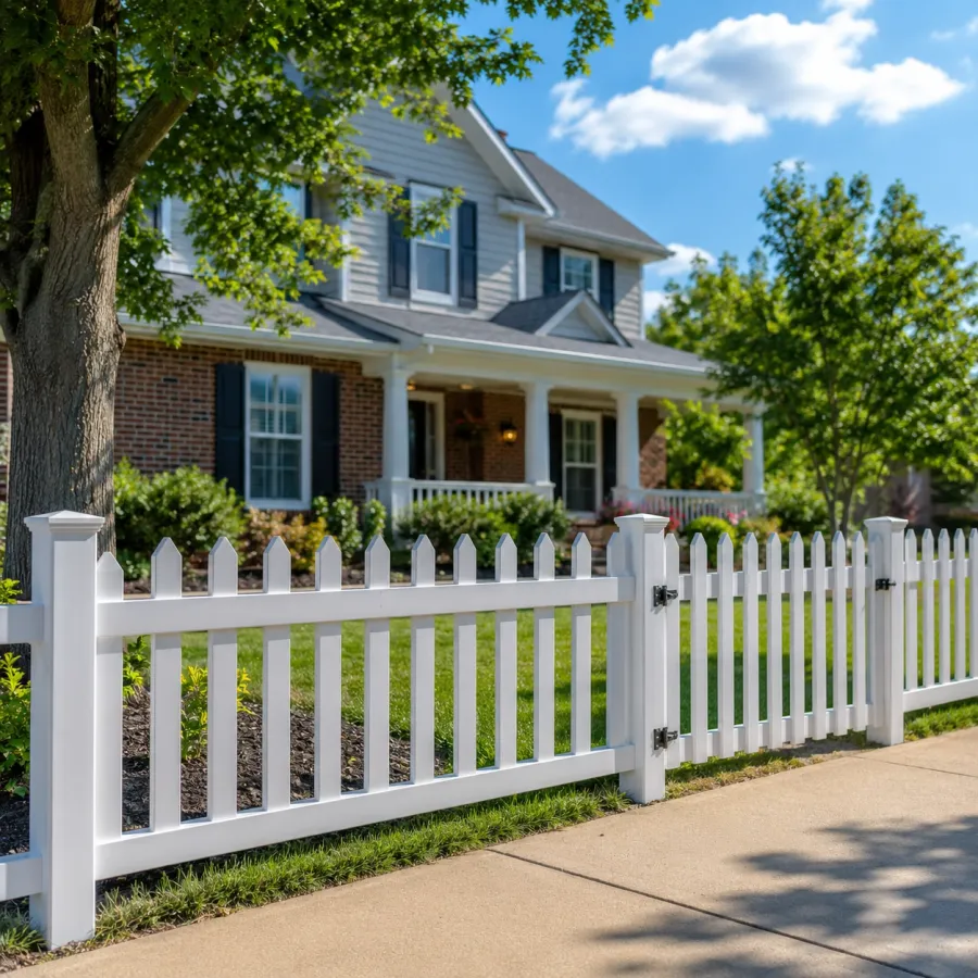 White vinyl picket fence bordering a front yard in Tulsa, OK