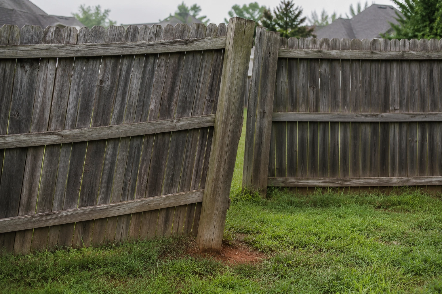 Leaning wood fence post pulling the fence line out of square in a Broken Arrow backyard