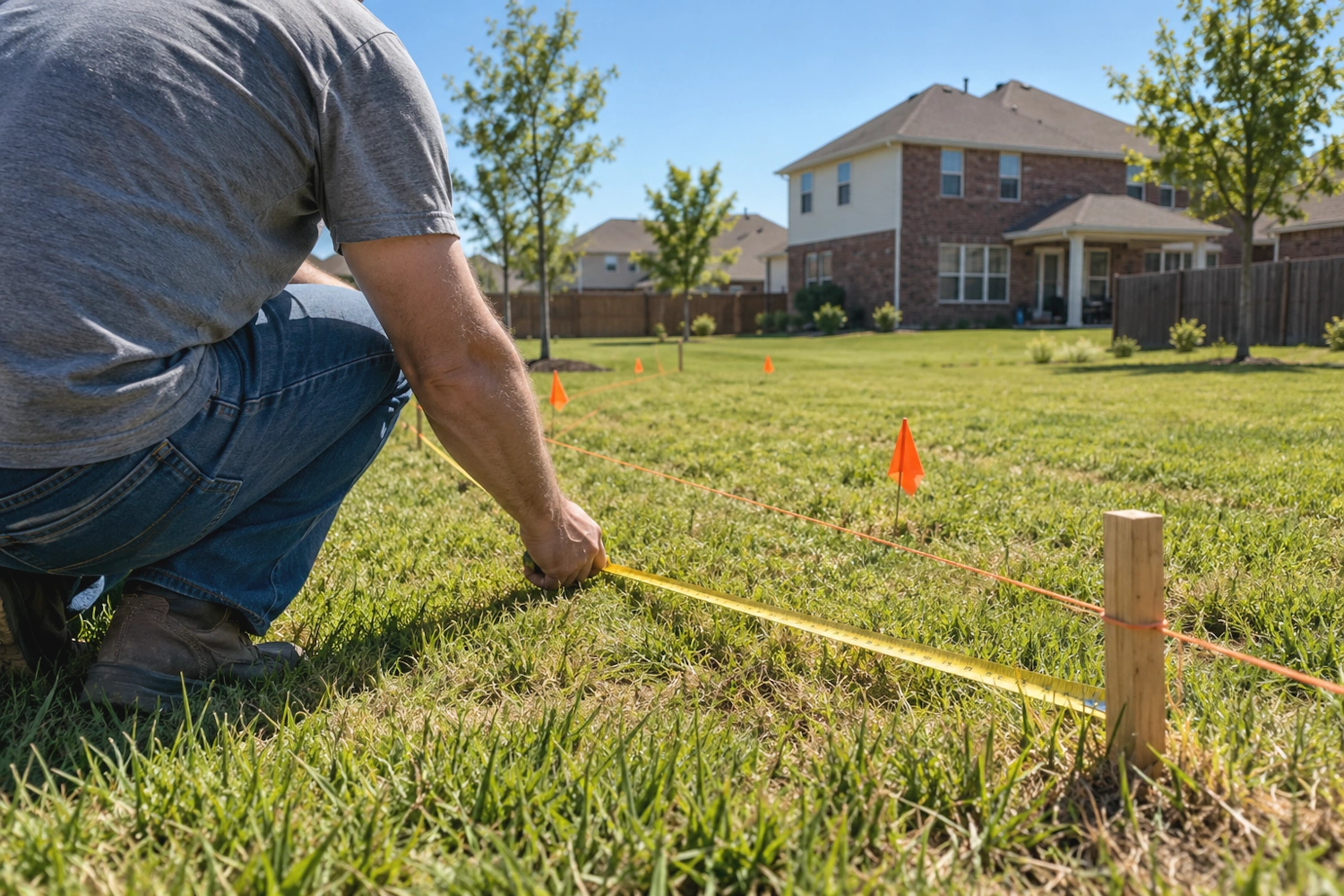 Homeowner measuring a backyard property line with a tape measure to plan a fence installation budget in Bixby, OK