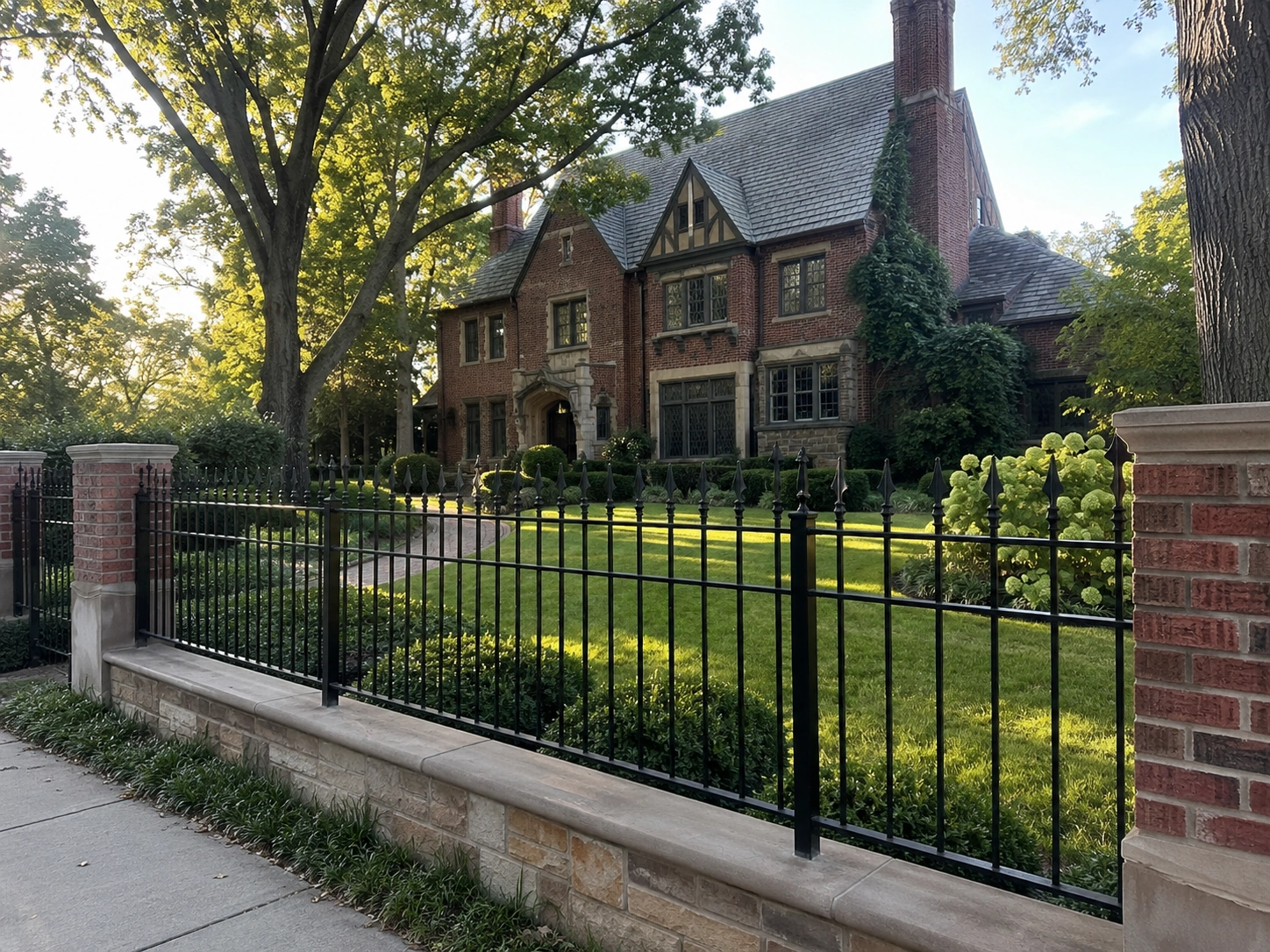 Black ornamental iron fence with brick columns in front of a grand red-brick home in Midtown Tulsa, OK