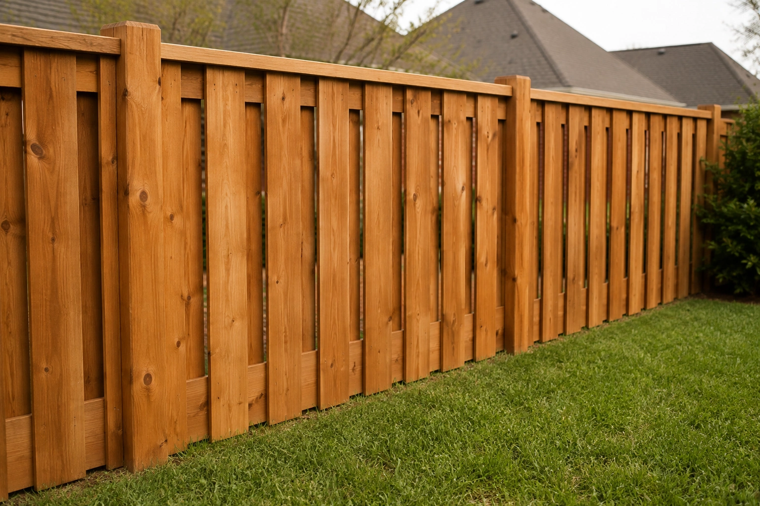 Board-on-board shadowbox cedar fence that looks finished from both sides in a Tulsa backyard