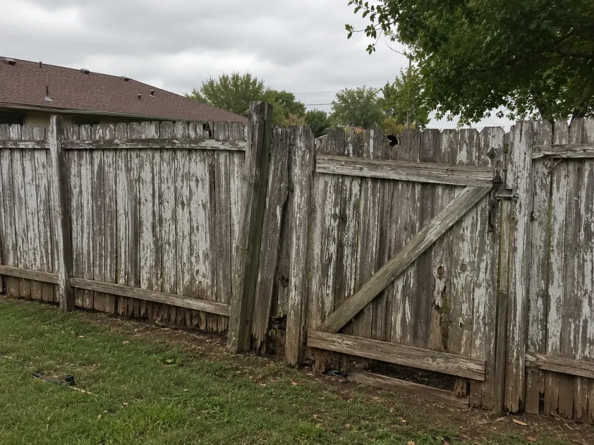 Worn-out old wood fence with cracked, rotted boards ready for vinyl fence installation near me Tulsa, OK