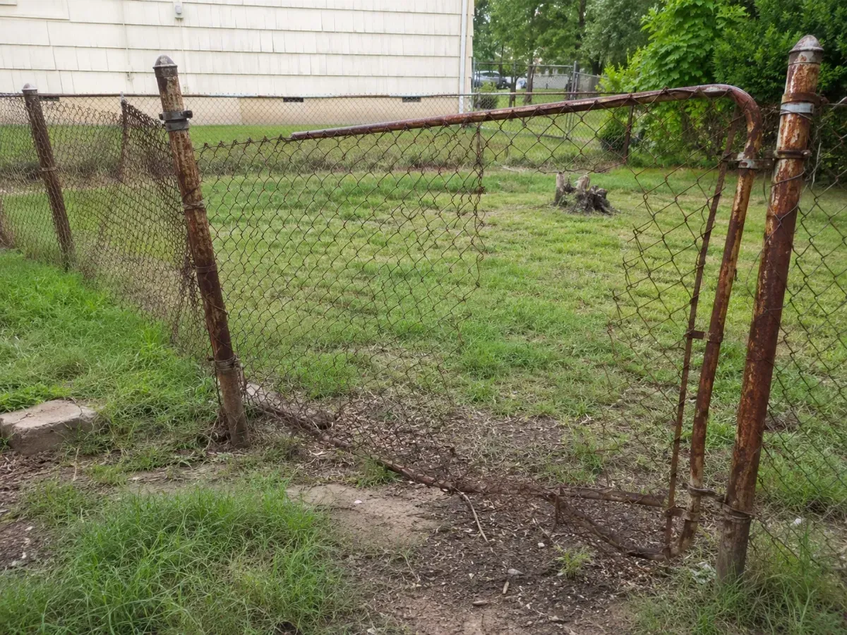 Rusted residential chain link fence with sagging mesh and a leaning post, ready for chain link fence repair near me Tulsa, OK
