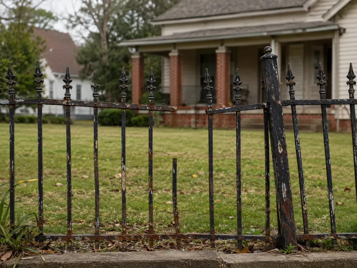 Rusted iron fence with chipped powder coat and bent pickets, ready for wrought iron fence repair Broken Arrow, OK