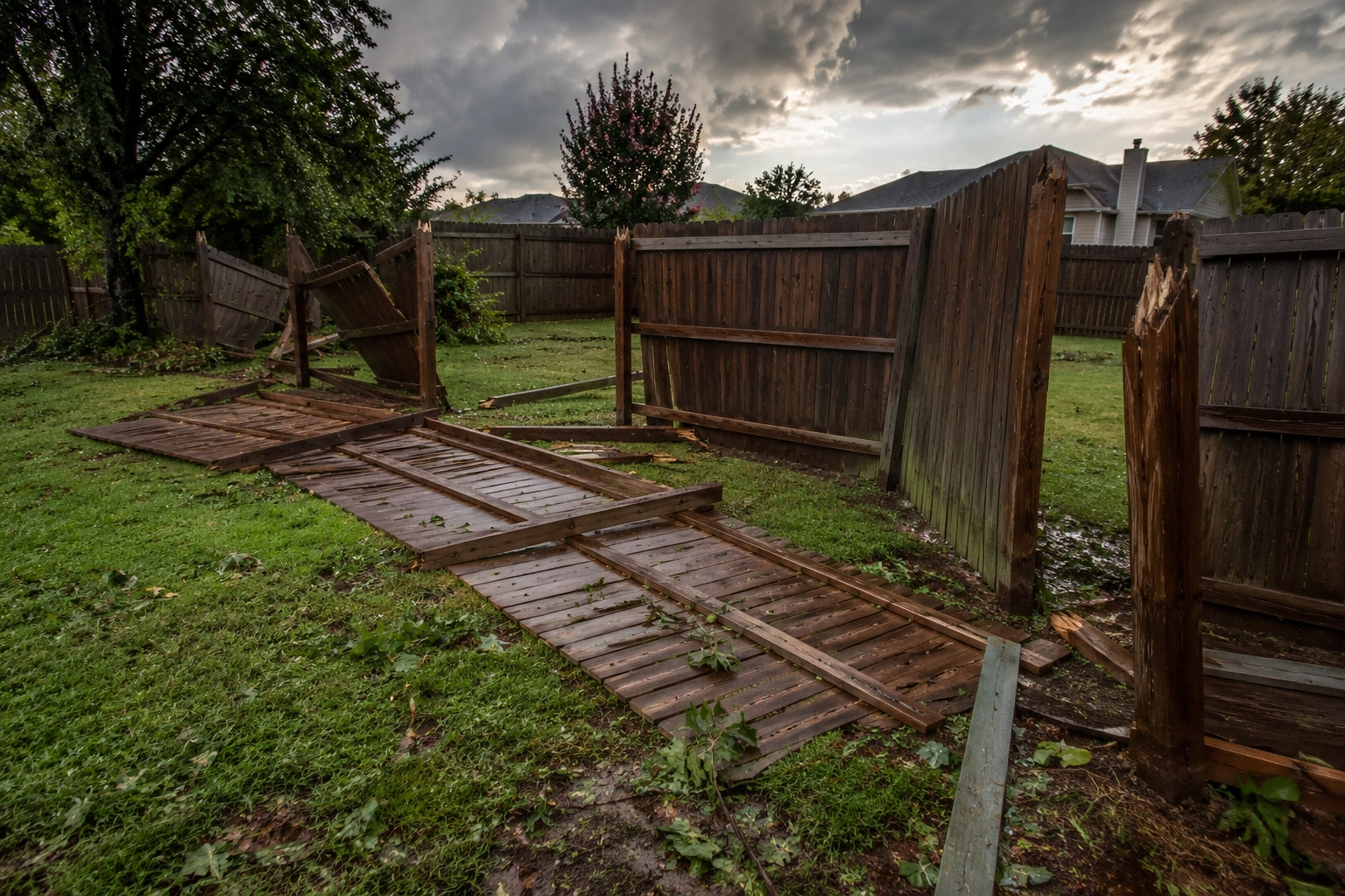Storm-damaged wood fence with a blown-down section leaning across a Tulsa metro backyard after high winds