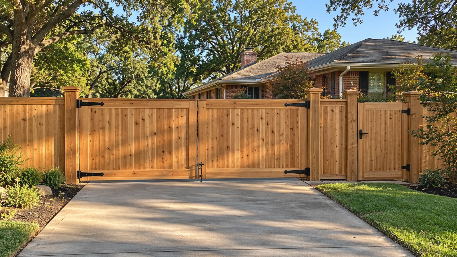 Cedar double-drive driveway gate with a drop rod and matching walk gate in a cedar privacy fence at a Tulsa, OK home