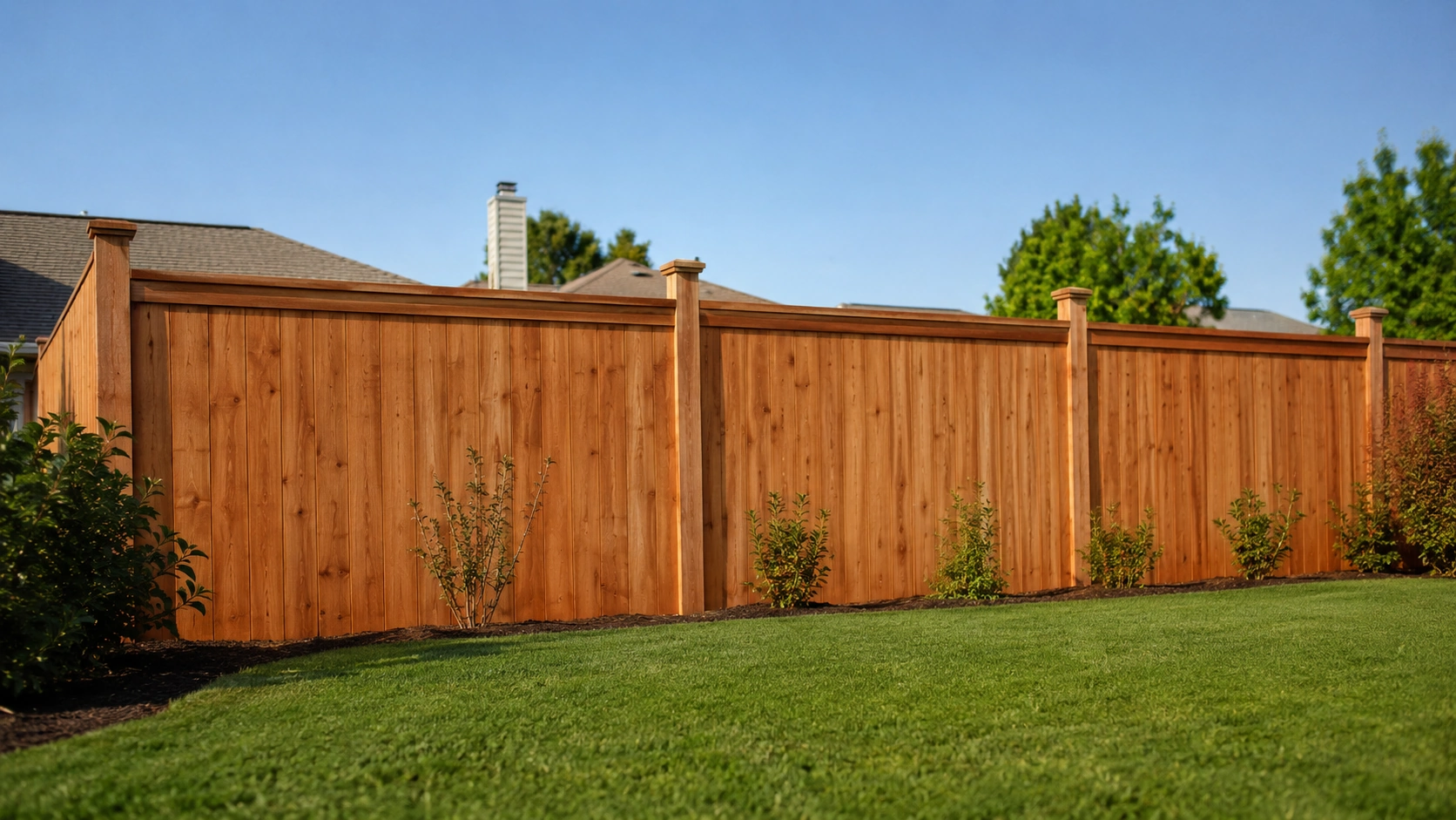 Newly installed cedar privacy fence in a Tulsa, OK backyard on a clear day