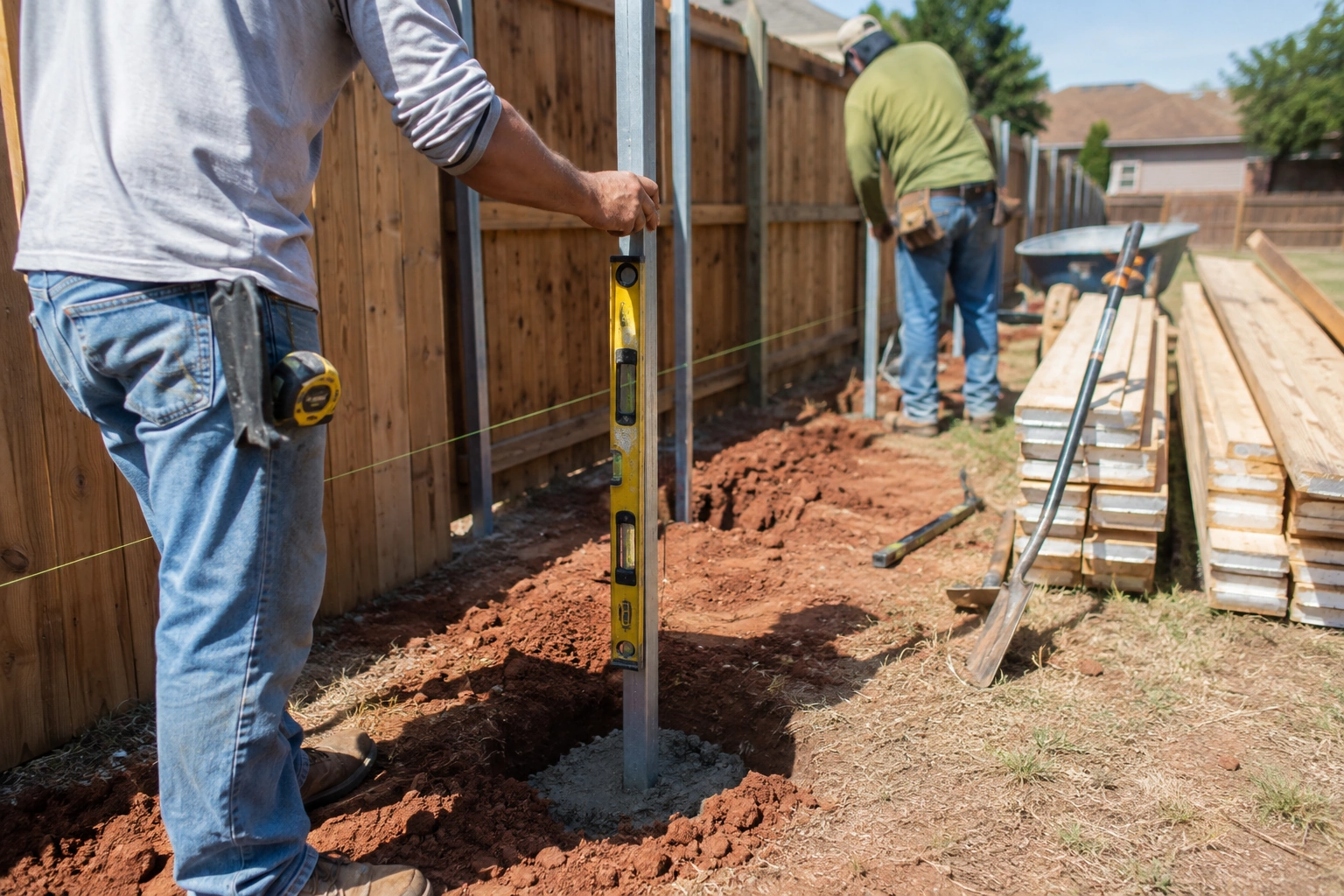 Fence crew setting a galvanized steel post in concrete during a wood fence installation in Tulsa